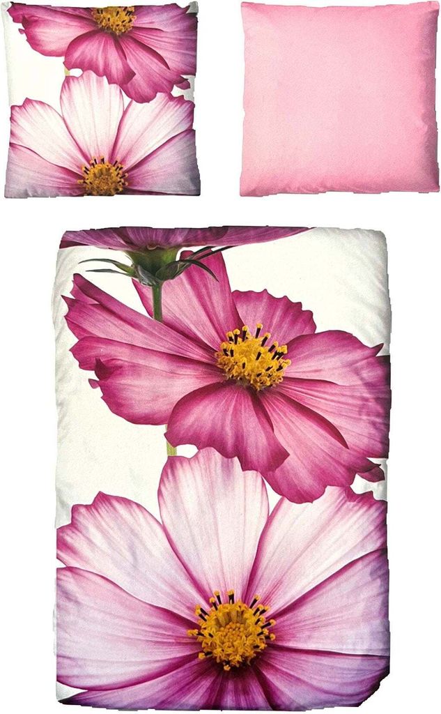 Baumwolle Satin Bettwäsche Blumen Weiß Pink 155x220 80x80: 2 tlg.