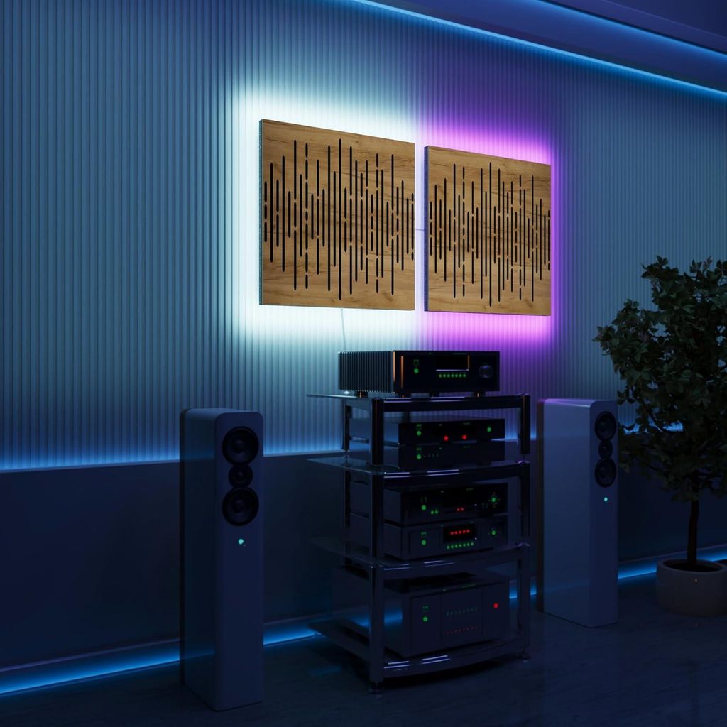 2er-Pack-LED Akustikwandpaneele mit RGB Glow für Echo Control | Schallabsorbierende Paneele mit Backlight |2x WAVE - Separately|Eiche