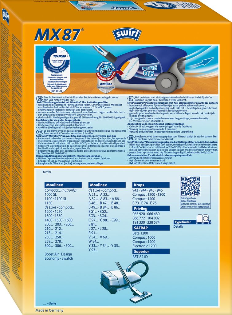 Swirl MX 87 EcoPor Staubsaugerbeutel – 4 Stück + Filter Für Moulinex