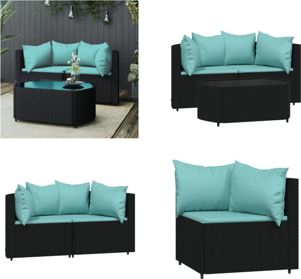 vidaXL 3 tlg. Garten Lounge Set mit Kissen Schwarz Poly Rattan - Garten Lounge Set - Garten Lounge Sets - Outdoor Lounge Set - Lounge Set Terrasse