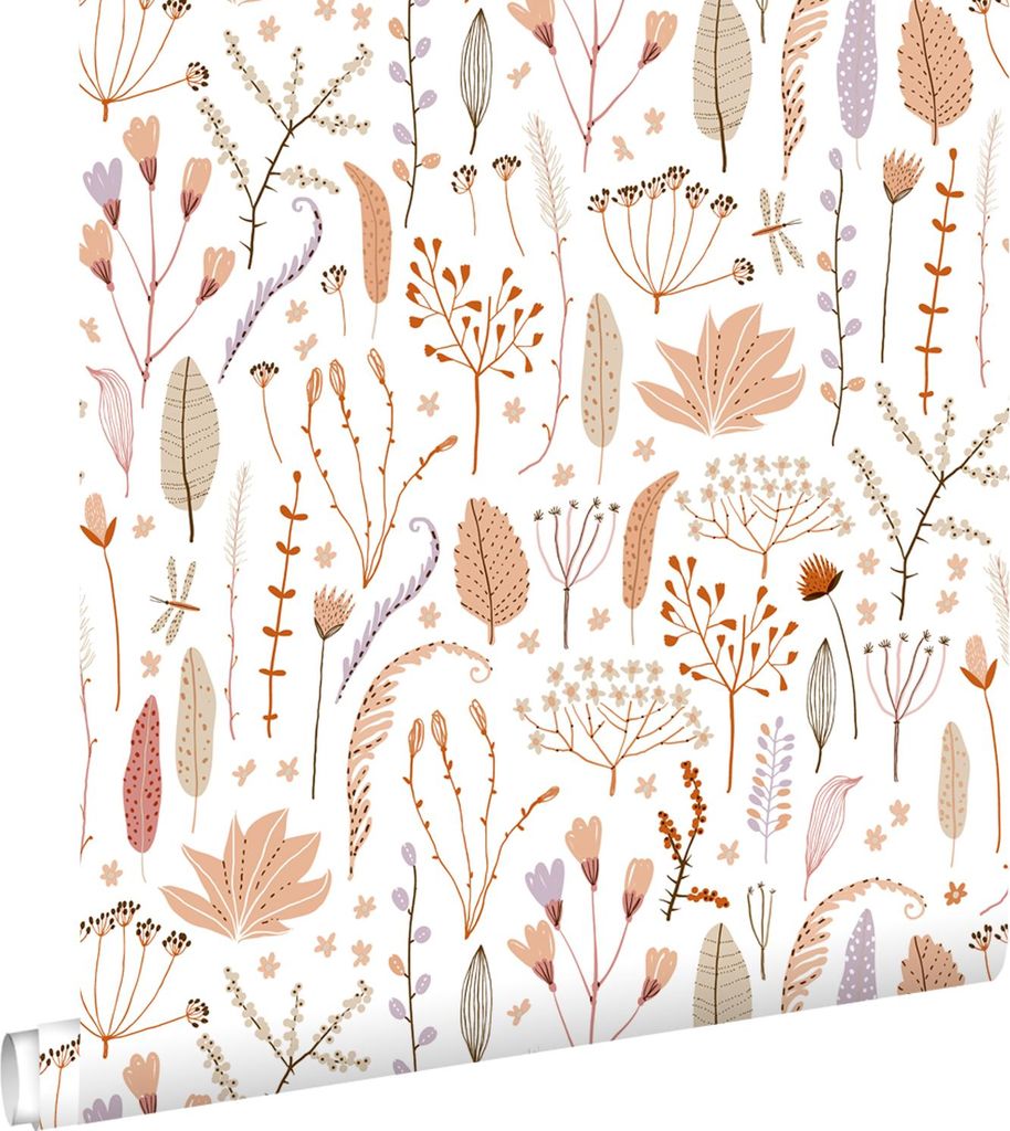 ESTAhome Tapete Feldblumen Terrakotta, Lila, Beige und Weiß 50 x 900 cm