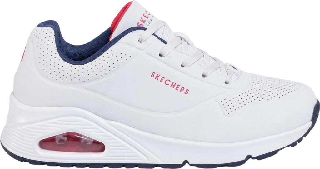 A side view of a white SKECHERS UNO women's sports shoe.