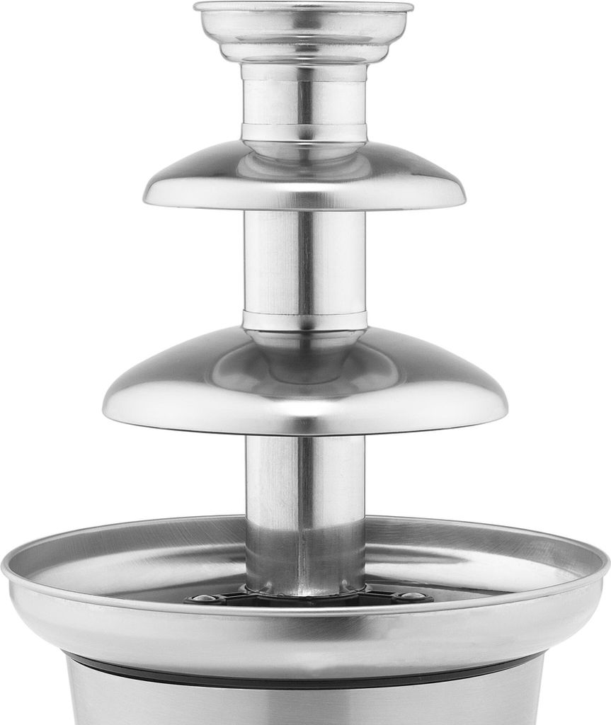 A close-up studio shot of a silver chocolate fountain.