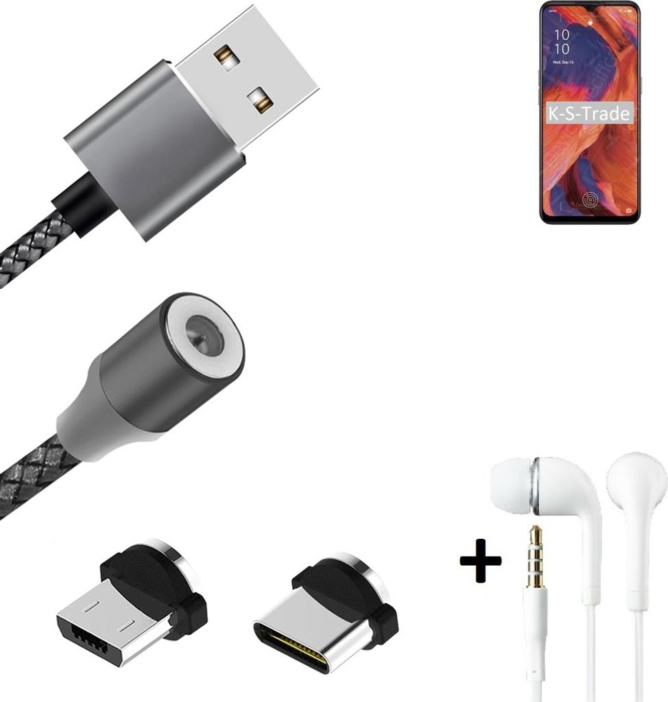 K-S-Trade Hochwertiges Magnet-Lade-kabel Sync-Kabel Daten-Kabel + Kopfhörer kompatibel mit Oppo Reno4 Z 5G mit USB-Typ-C-Anschluss und