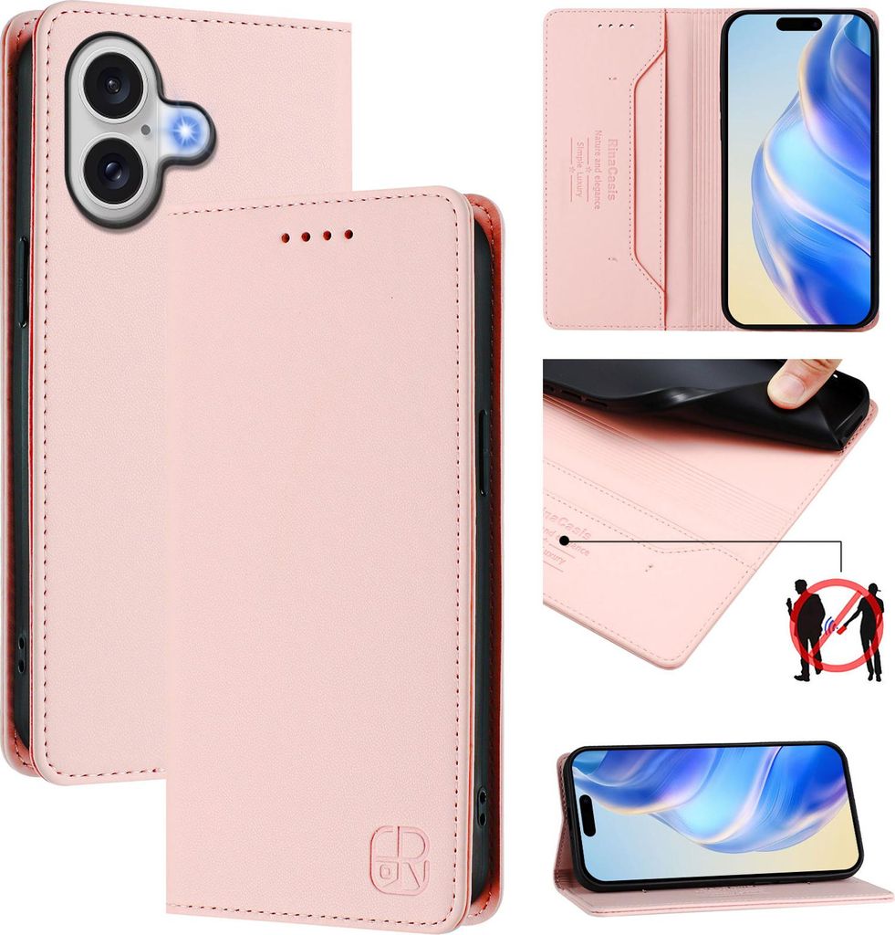 Lederhülle für iPhone 17 Hülle Flip Brieftasche Kartenfächern Ständer Schutzhülle Pink