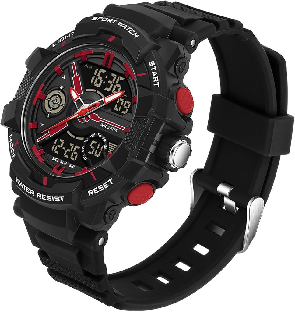 Watch für Herren Jungen Kinder, Analog Digital Quarz Orange Armbanduhr mit Alarm/Stoppuhr/Zwei Zeitzonen/LED 5 ATM Wasserdicht Sportuhren für Mä...