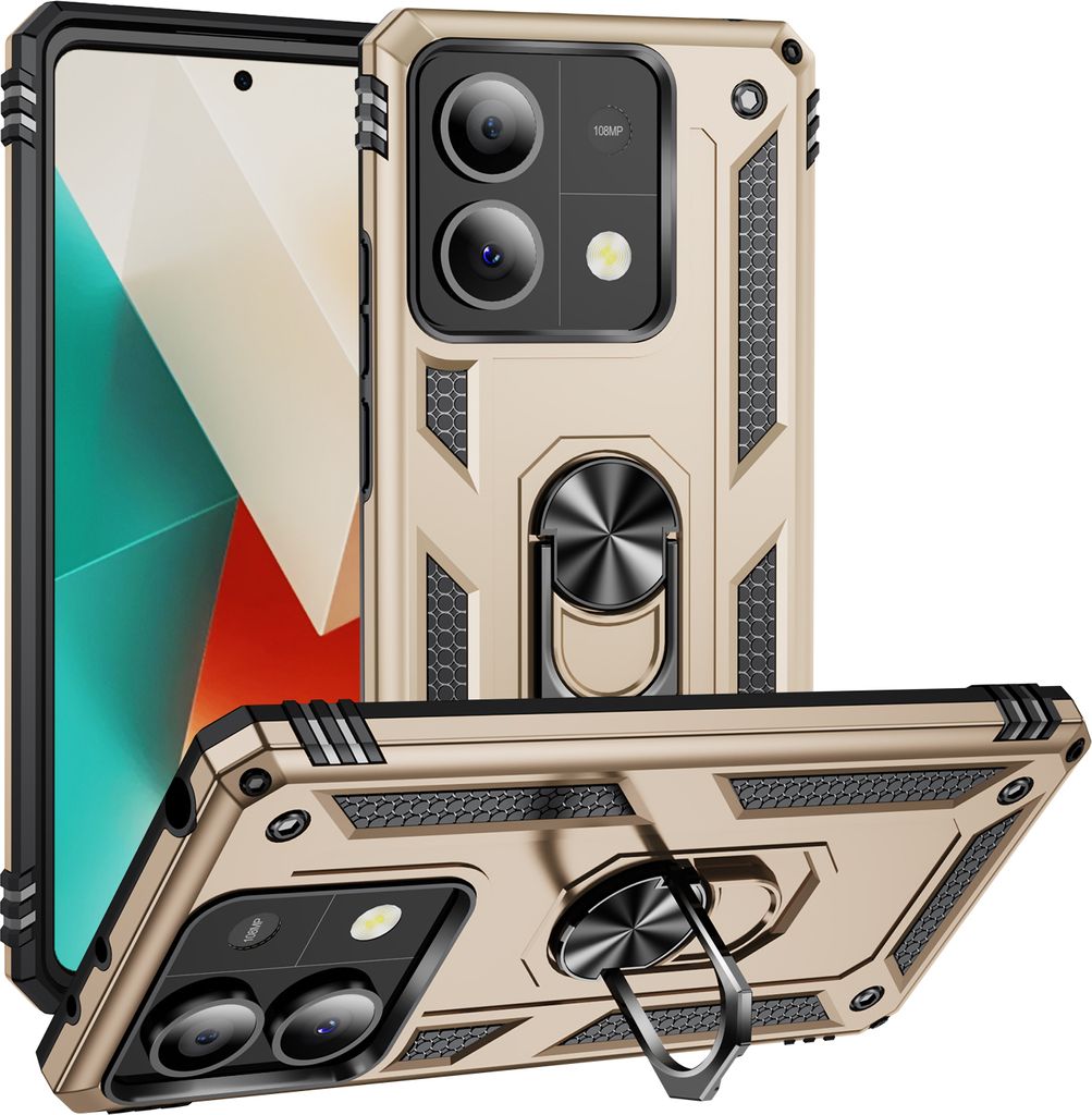 Schutzhülle für Xiaomi Redmi Note 13 5G Dual Layer Robust Militäre Fallschutz Hülle mit Ringhalterung Ständer Gold