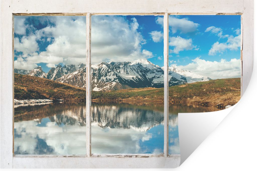 MuchoWow Wandtattoo Wandsticker Wandaufkleber Aussicht - Berge - Wasser 90x60 cm Selbstklebend und Repositionierbar - Aufkleber