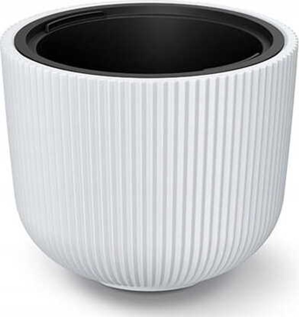 A white ribbed planter with a black insert is shown against a white background.