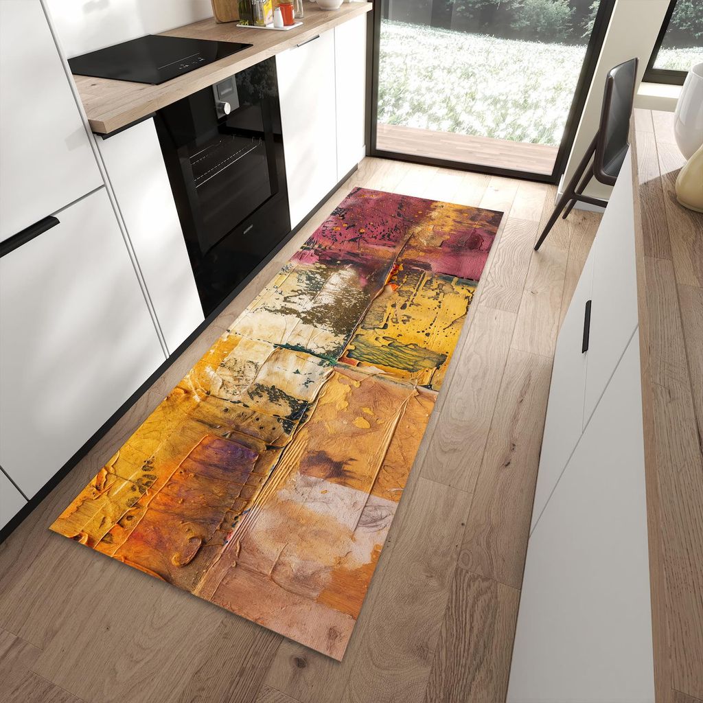 Küchenteppich 90x240cm rutschfest & abwischbar PVC Läufer - Kunst Collage Textur