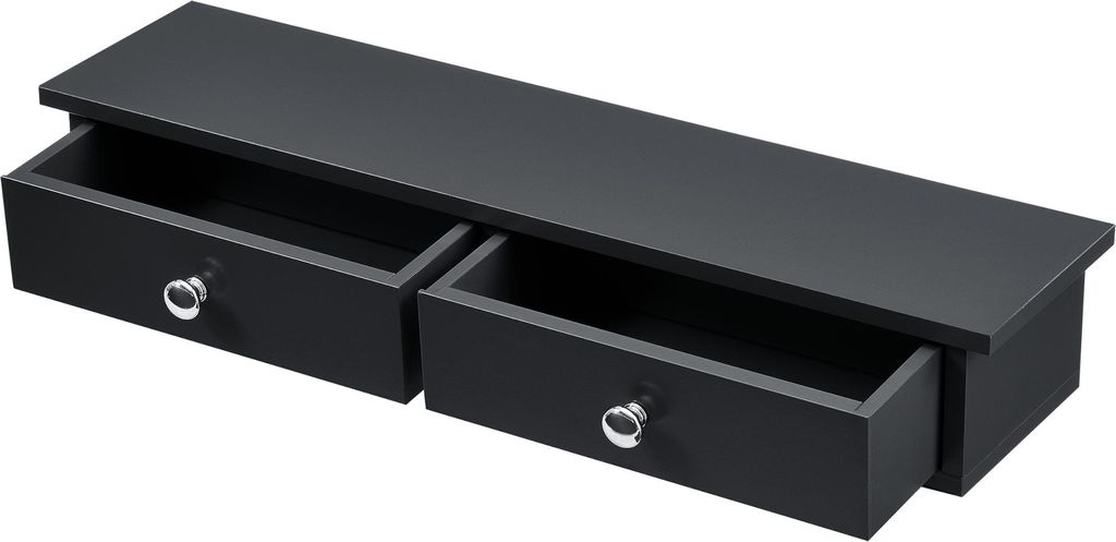 A black wall shelf with two open drawers and silver knobs, shown against a white background.
