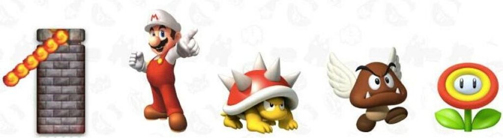A collage of five Mario-themed characters and items.