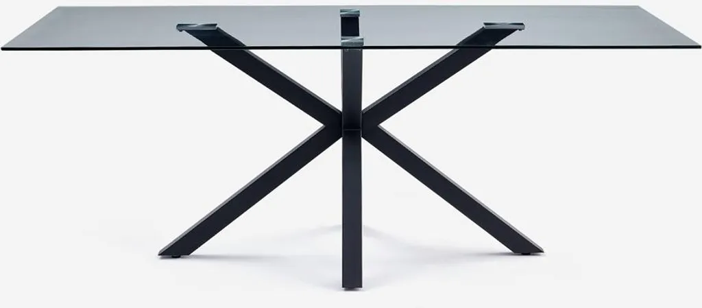 Table à manger design en verre Laka 200x100cm avec pieds croisés noirs
