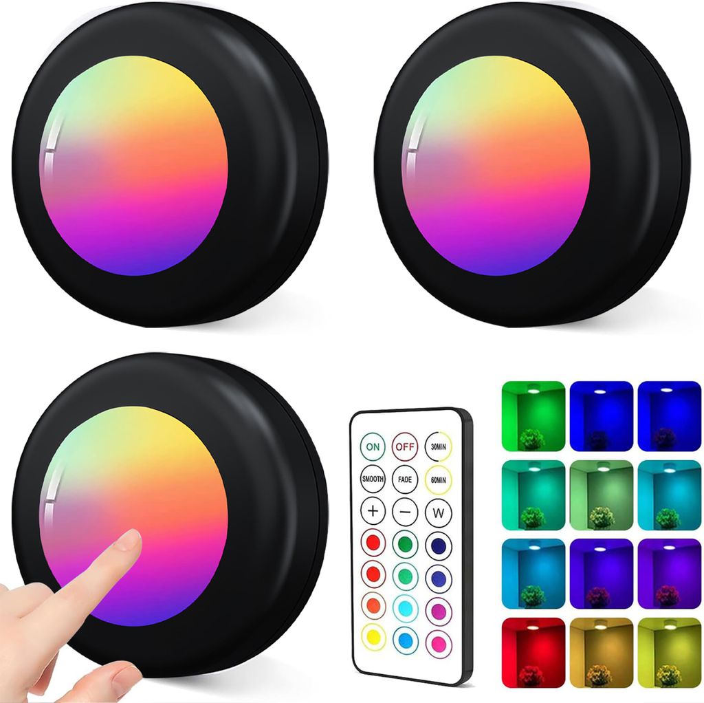 KUGI LED Unterbauleuchte LED Nachtlicht touch lights RGB mit Fernbedienung 3 Stück, Dimmbar Unterbauleuchte,Küche LED Lampe zum Kleben Schranklicht