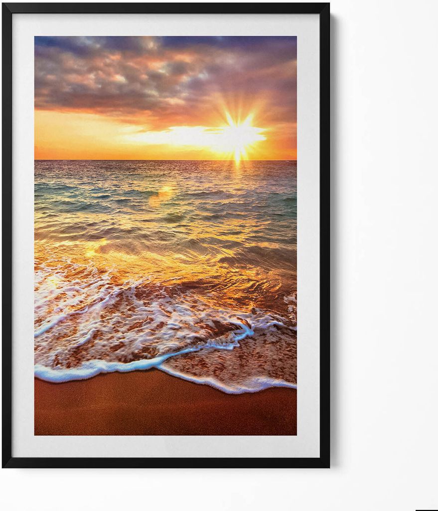 Wellen des Meeres bei Sonnenuntergang– Wandbild mit Rahmen – Gerahmtes Bild – Wanddekoration – 70x100 cm – Schwarz Rahmen