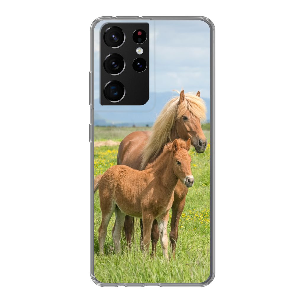MuchoWow Handyhülle Schutzhülle Hülle für Samsung Galaxy S21 Ultra Pferde - Fohlen - Gebirge Silikon Softcase Handy Hülle - Mobiltelefon