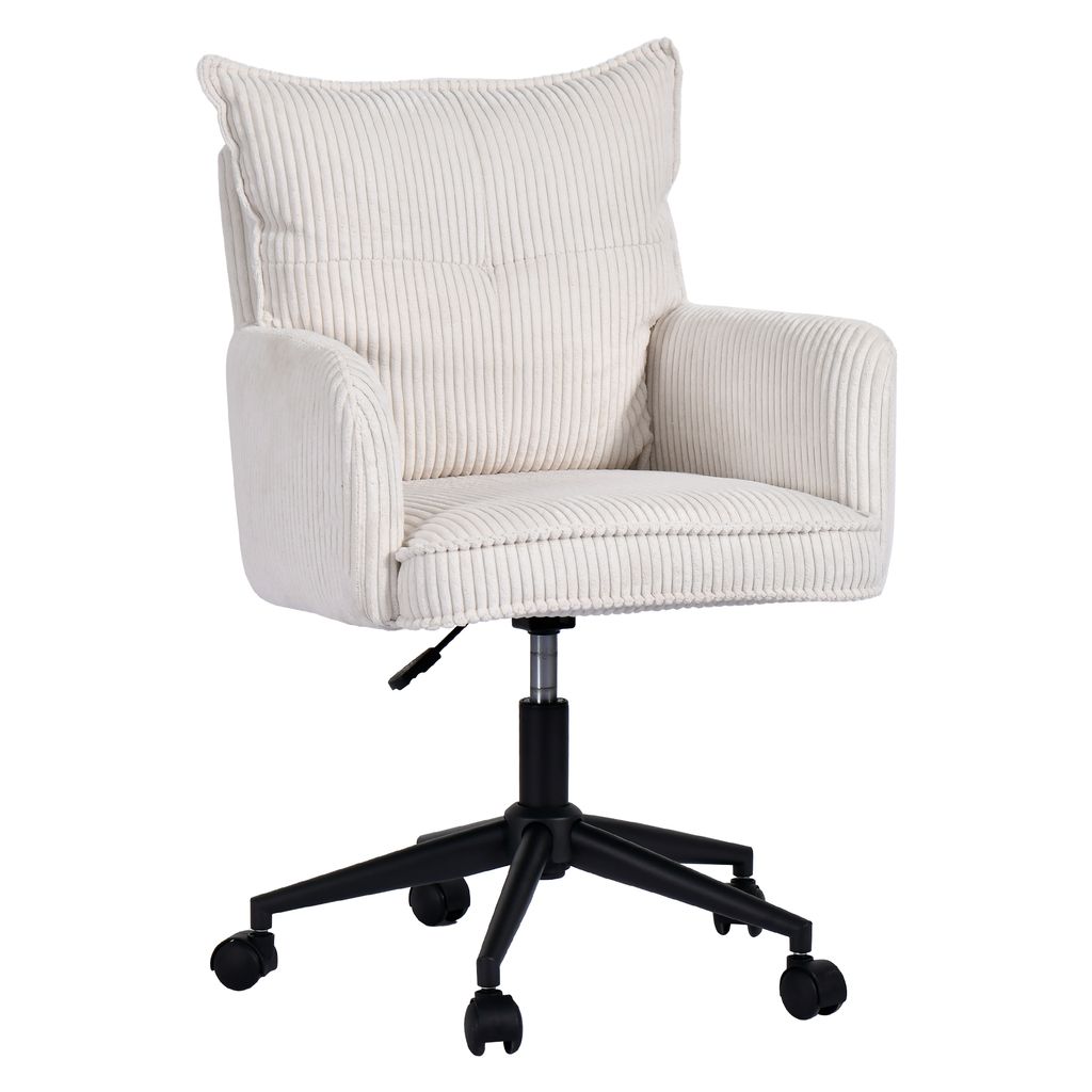 A white corduroy office chair with a black base and wheels, shown against a white background.