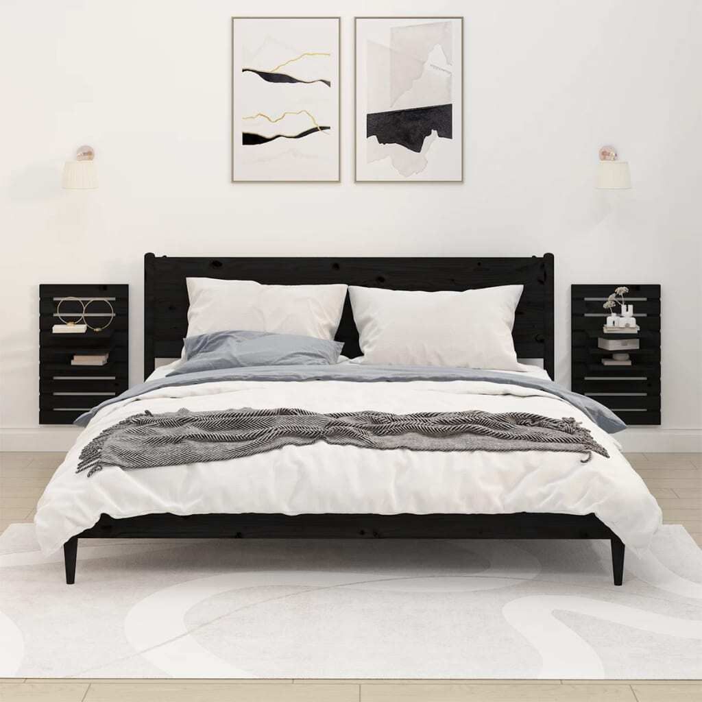 The Living Store Wand-Nachttische 2 Stk. Schwarz Massivholz Kiefer