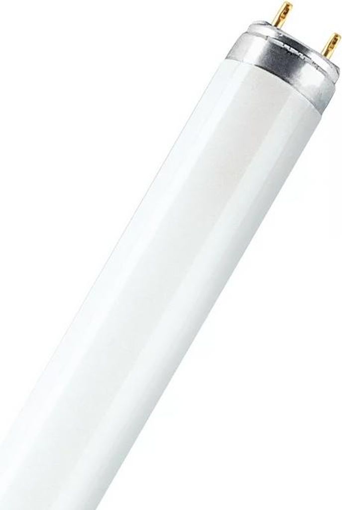 A close-up shot of a fluorescent light bulb against a white background.