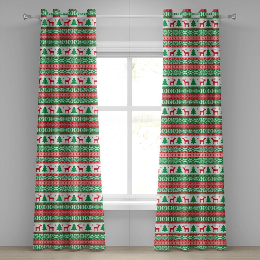 ABAKUHAUS Weihnachten Ösenvorhang, Knit Style Grafik Rentier Figur Stern und Schneeflocke Holiday Family Theme, Dekorative 2-Panel-Fenstervorhäng...