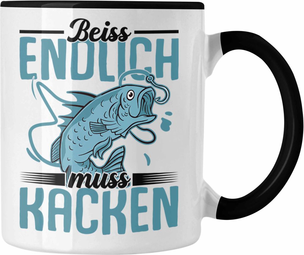 Trendation - Angler Fischer Tasse Geschenk Raubfische Hobbyangler Hecht Forelle Barsch Angeln Kaffeetasse Zubehör Beiss Endlich Muss Kaken (Schwarz)