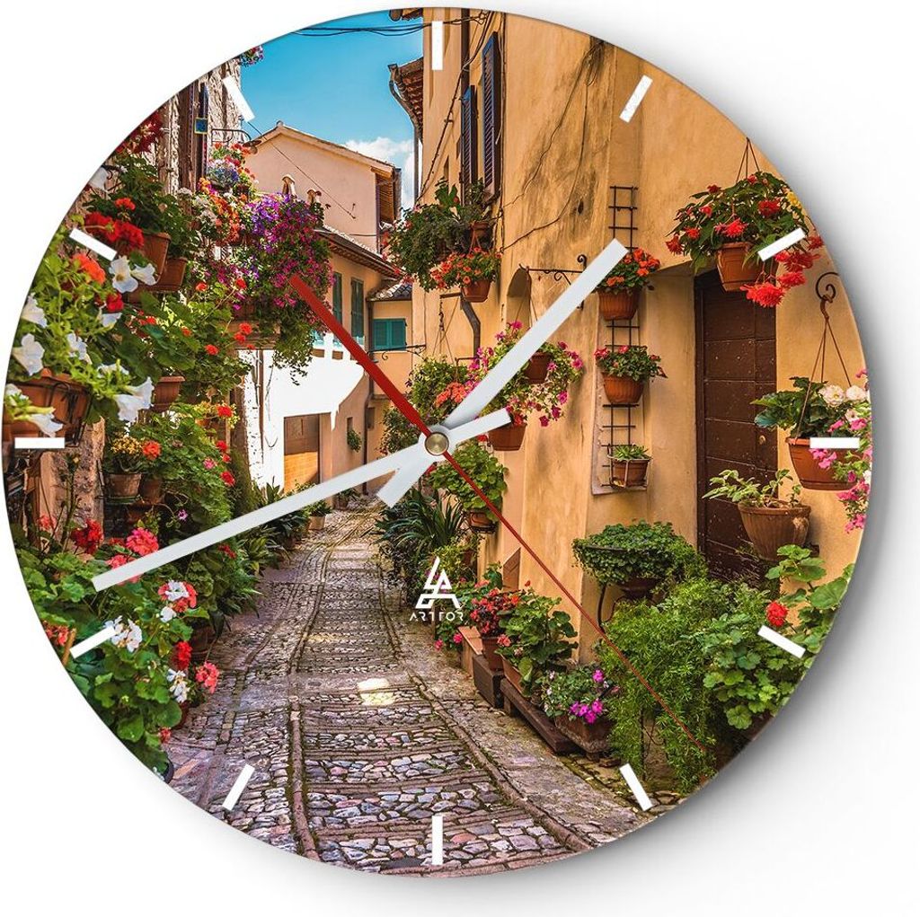 Wanduhr - Rund - Glasuhr - Path Blumen Haus Hof - 30x30cm - Schleichendes Uhrwerk - Lautlos - zum Aufhängen bereit - Dekoration Modern - Wanddekor...