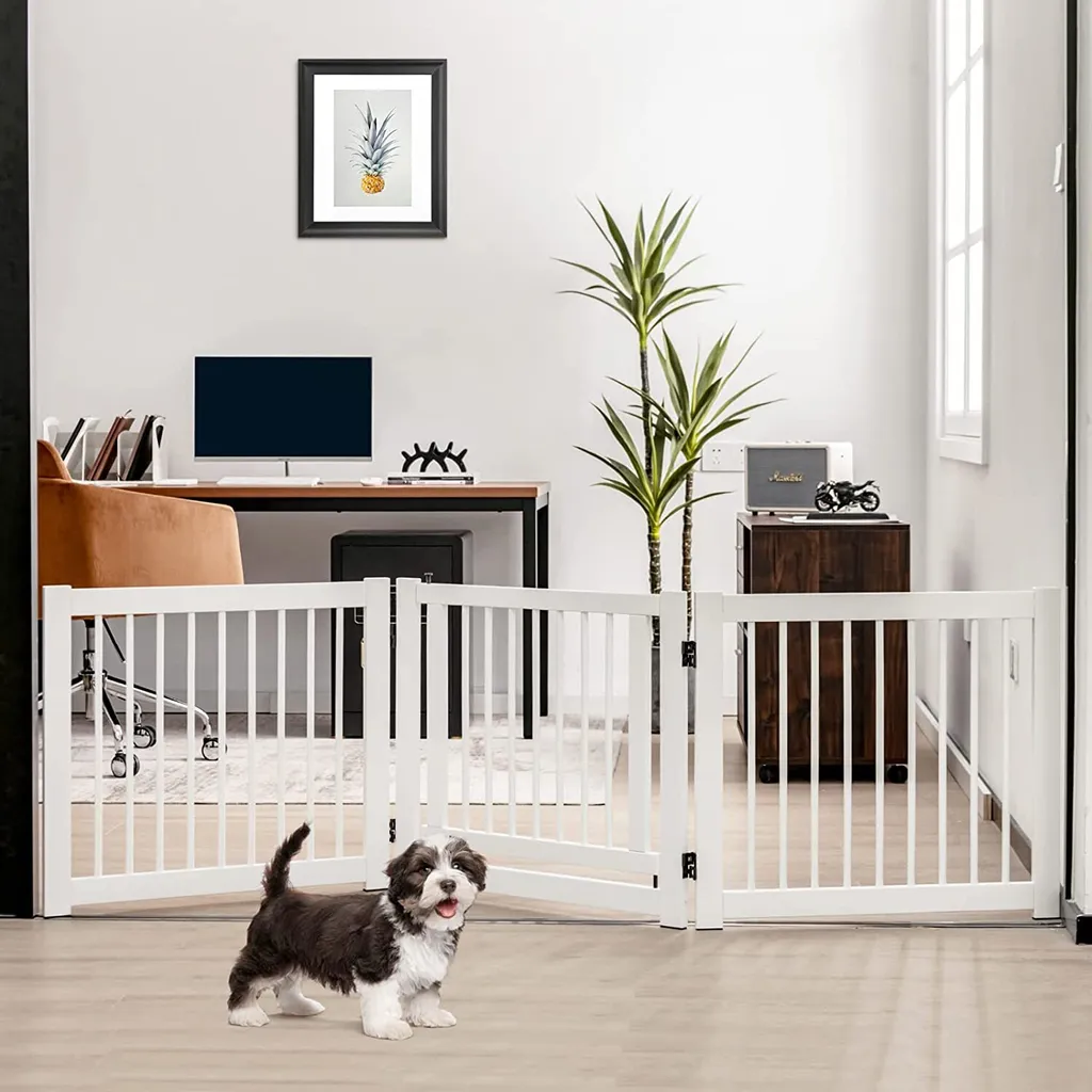COSTWAY Barrière pour chiens 3 volets avec portail en bois blanc 61cm