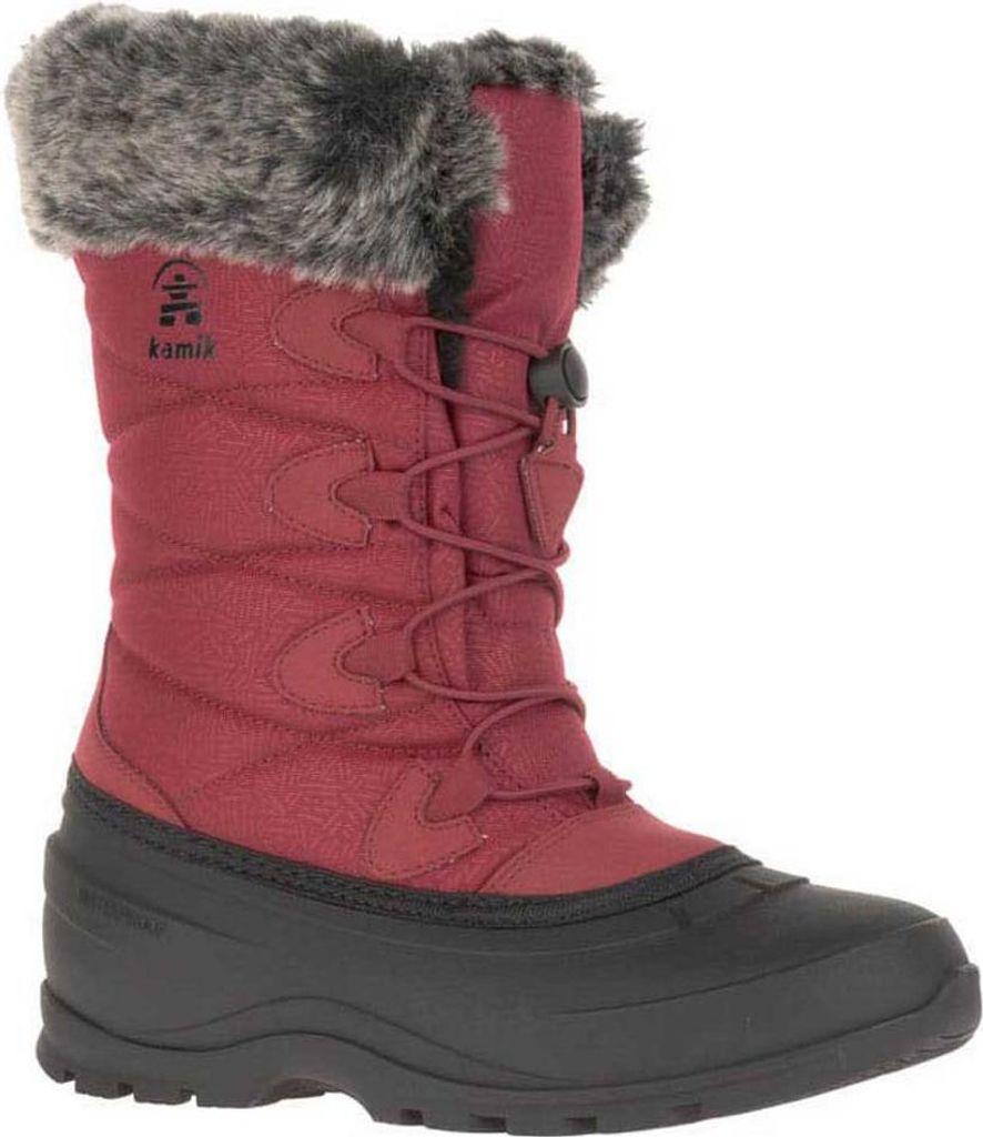 A single red winter boot with black sole and gray fur trim.