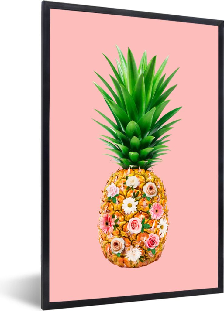 MuchoWow Gerahmtes Poster Stilleben - Ananas - Blumen 60x90 cm - Poster mit Schwarzem Bilderrahmen Wandposter Rahmen Foto Bilder - Kunst