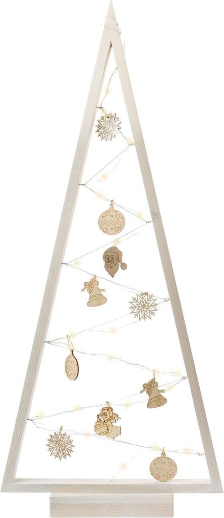 A white wooden Christmas tree frame decorated with LED lights and wooden ornaments.