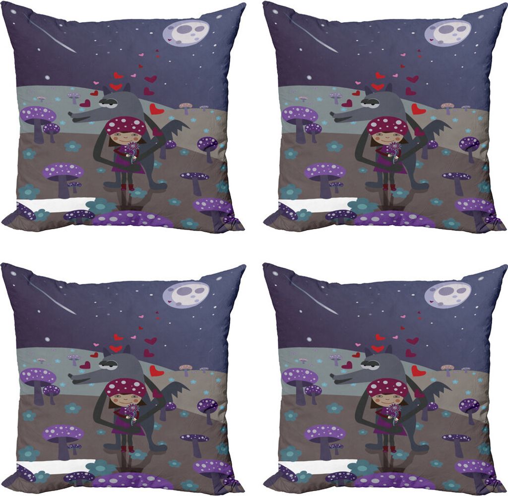 ABAKUHAUS Fantasie Kissenbezug Set (4 Stück), Rotkäppchen und Wolf, Moderner Doppelseitiger Digitaldruck, 45 cm x 45 cm, Violet und Taupe