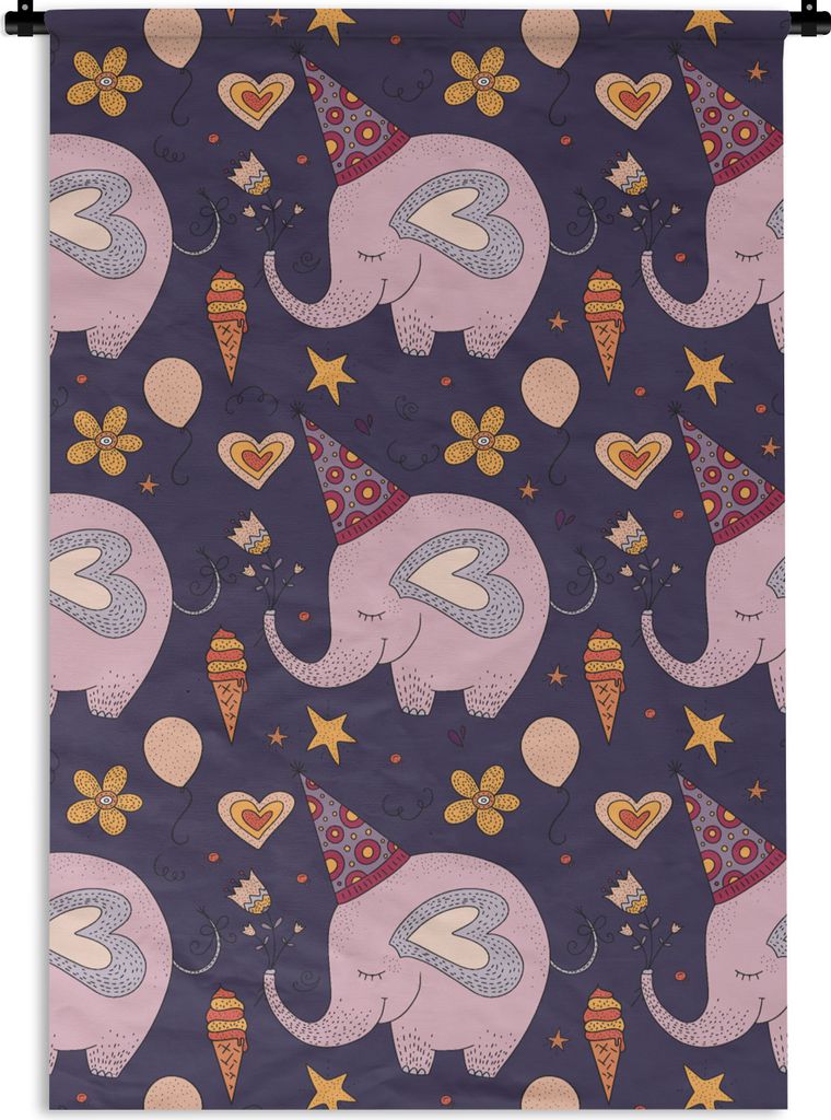 MuchoWow Wandteppich Wandbehang Geburtstag - Elefant - Muster 60x90 cm Tapisserie Dekoration Wandtuch - Foto-Teppich - Abwaschbar