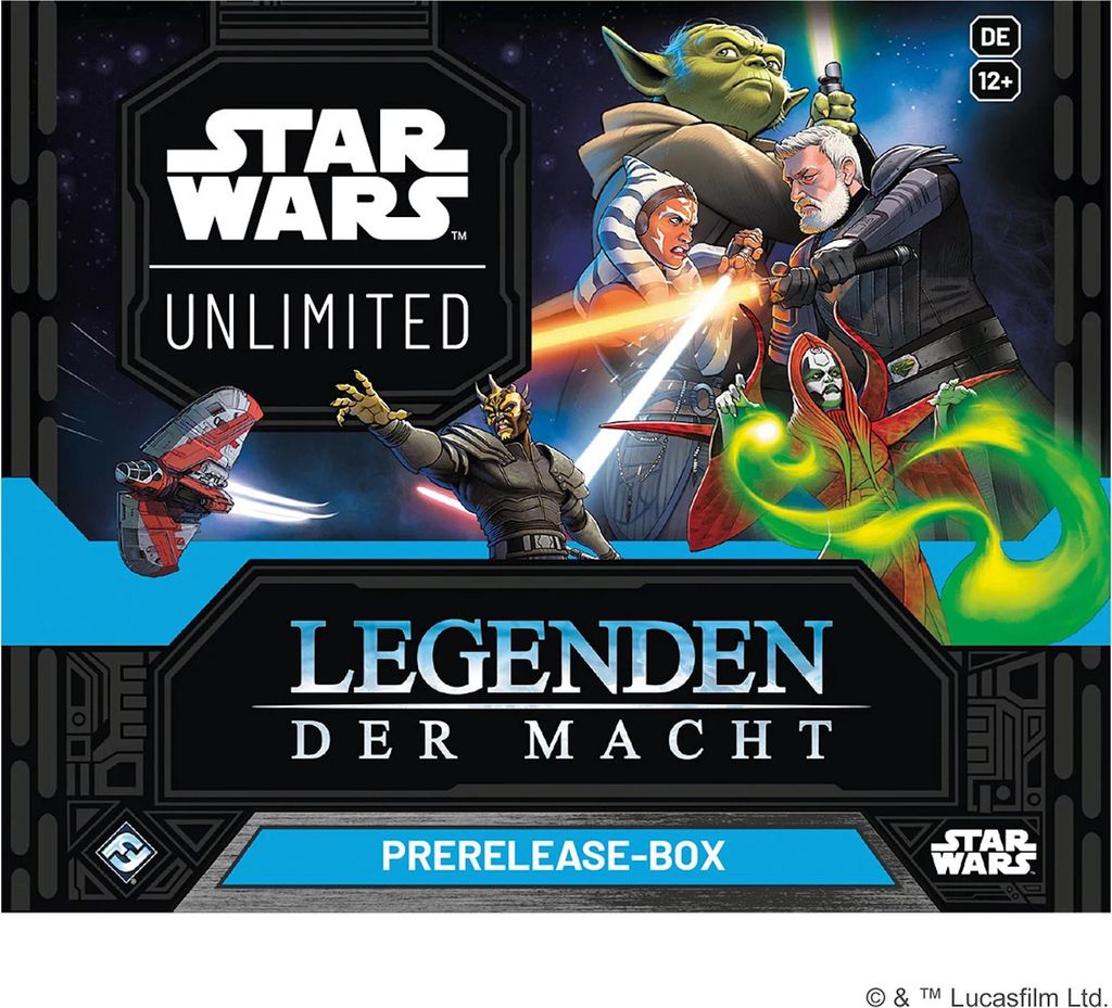 The image shows the front of a Star Wars Unlimited: Legenden der Macht Prerelease-Box, featuring characters and the game title.