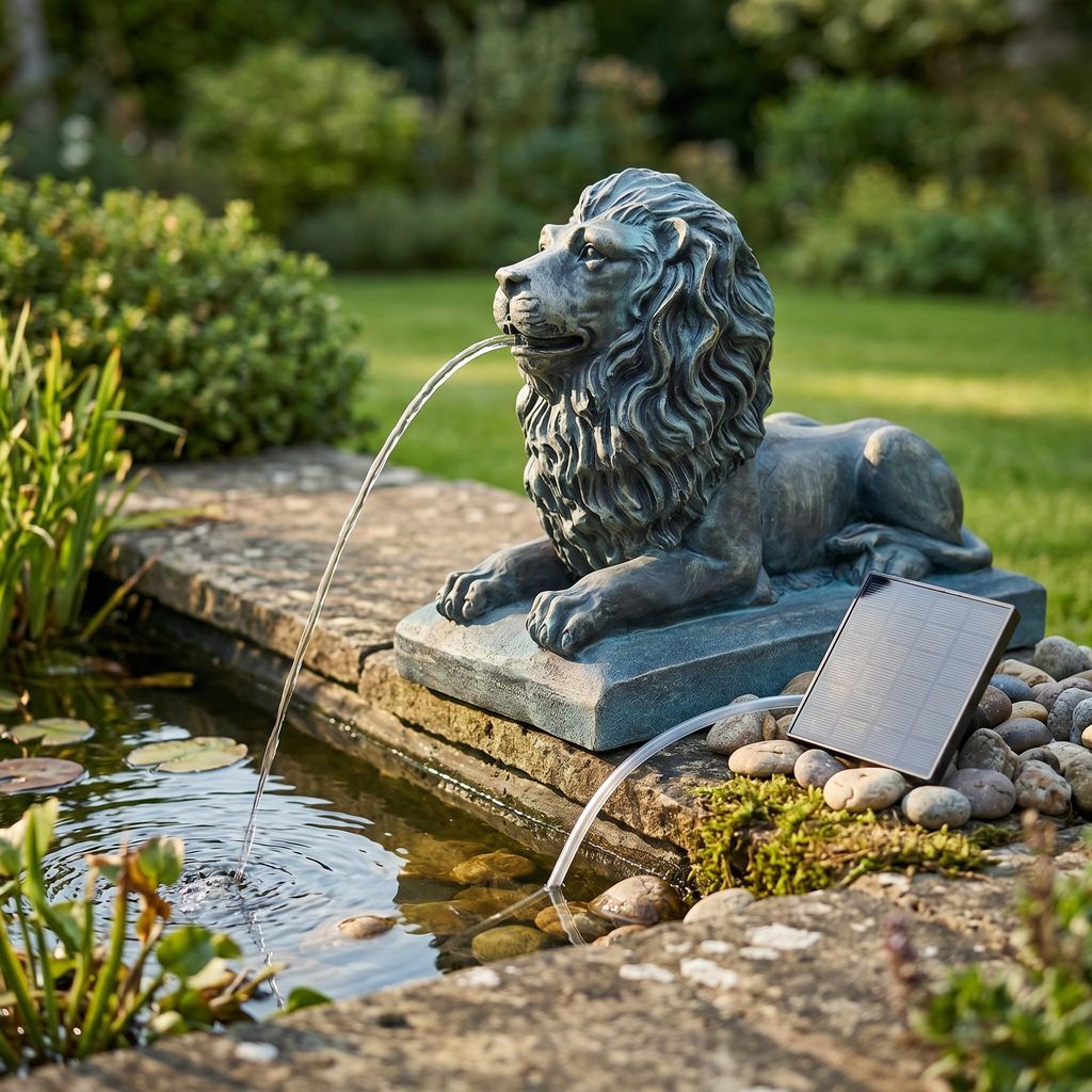 Löwe Solar Brunnen Wasserspeier solarbetrieben – Teichfigur Produktbild 