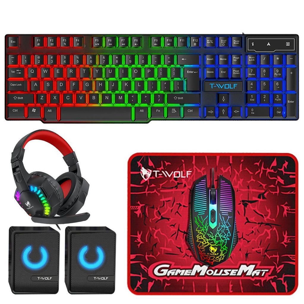 Gaming Set 5-in-1 mit LED-Tastatur, Maus, Headset, Lautsprecher und Mousepad – Rainbow Backlight für PC Gamer