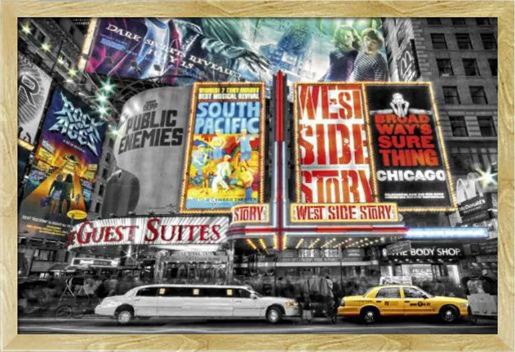 Tableau Mural New York Theatre Signs encadré en Bois Hêtre Clair 61x91