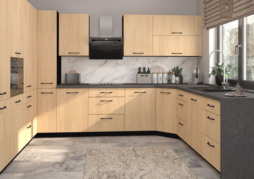U-Form Küchenzeile CASELLA Einbauküche Holzoptik Farbe & Ausführung wählbar REJS Comfortbox Vollauszug Casella Eiche Natur hell schwarz