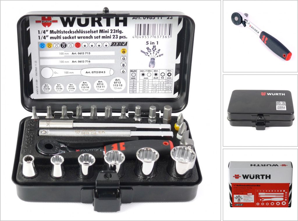 A collage of images showing a Würth multi socket wrench set in its case, a separate ratchet, and its packaging.
