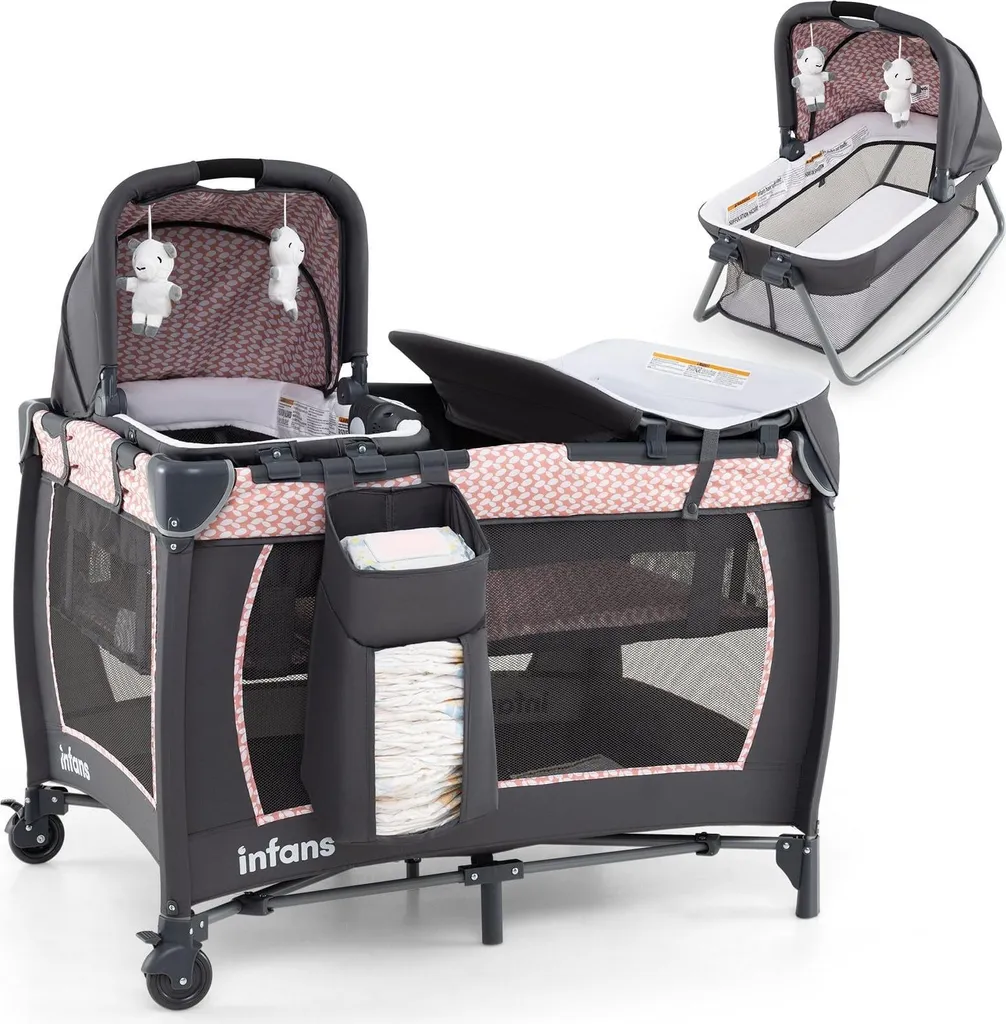 Lit de voyage bébé 5 en 1 avec berceau suspendu et rangement intégré