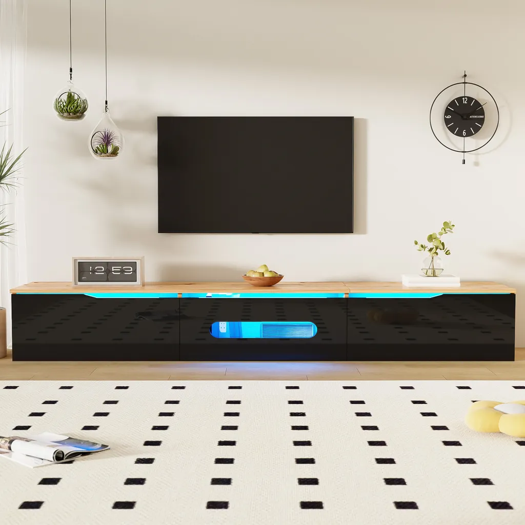 Merax Meuble TV LED 16 Couleurs Noir et Naturel Lowboard Design Brillant