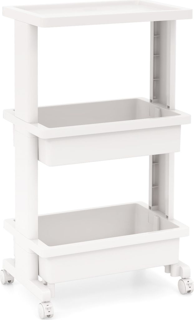 A white, three-tiered rolling cart with a flat top surface and two deep bins.