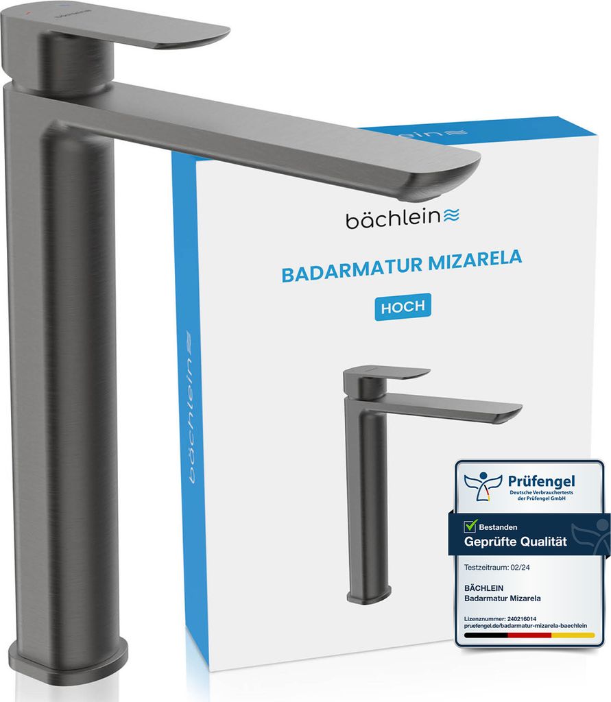 Badarmatur Mizarela hoch - Anthrazit | Hohe Badarmatur im klassischen Design - Wasserhahn für Bad-Aufsatz-Waschbecken