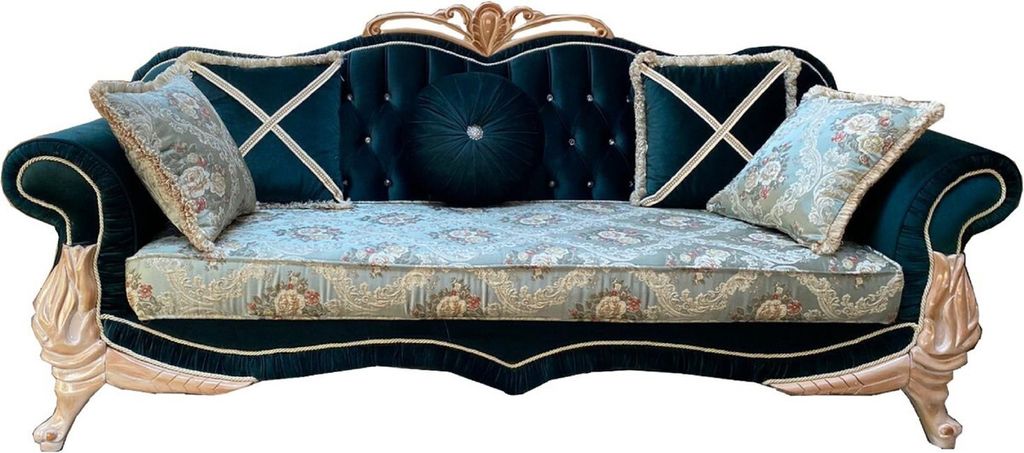Casa Padrino Luxus Barock Sofa Türkis / Grün / Creme - Prunkvolles Wohnzimmer Sofa mit elegantem Blumenmuster und Glitzersteinen - Barock Wohnzim...