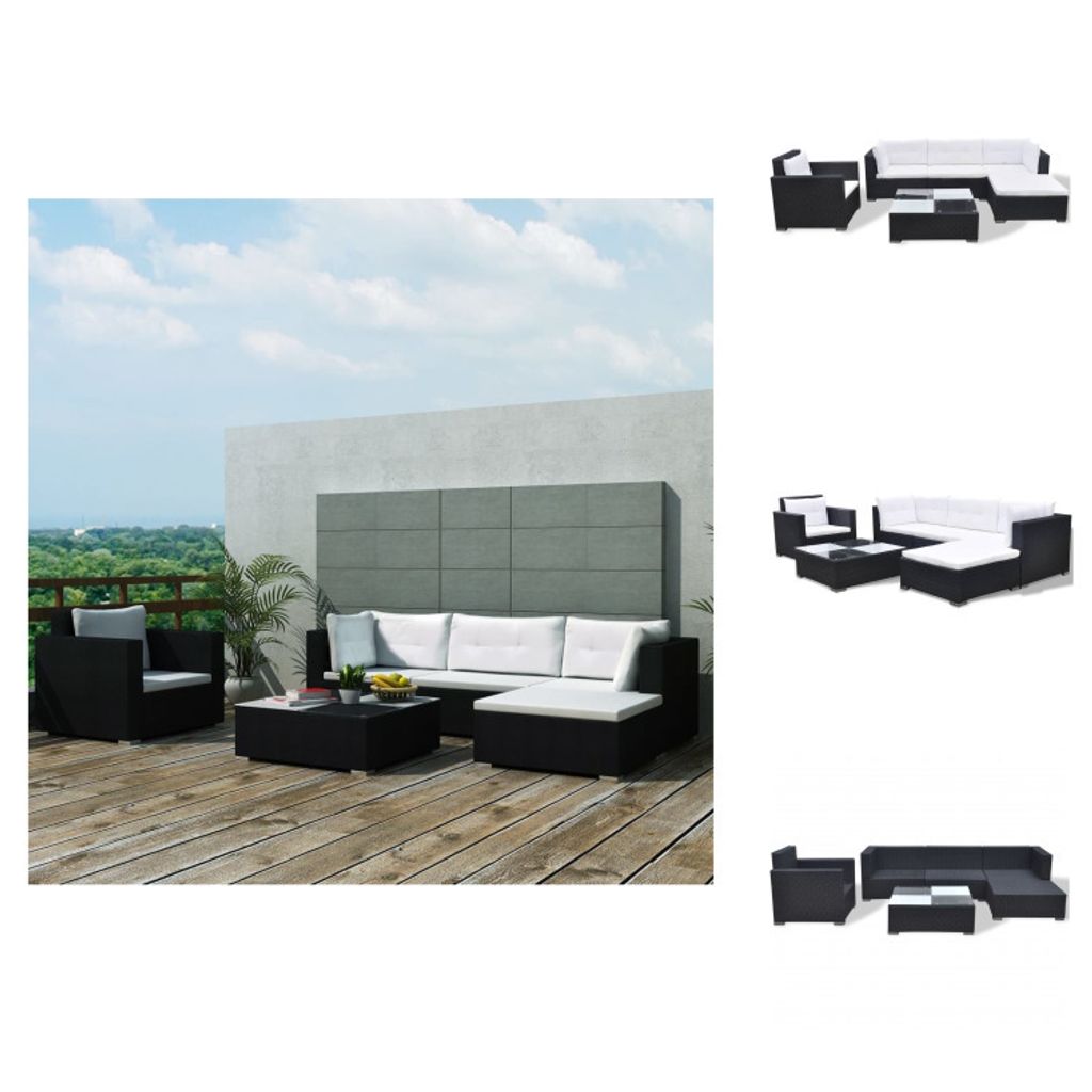 vidaXL 6-tlg. Garten-Lounge-Set mit Kissen Poly Rattan Schwarz - Gartenmöbel-Sets