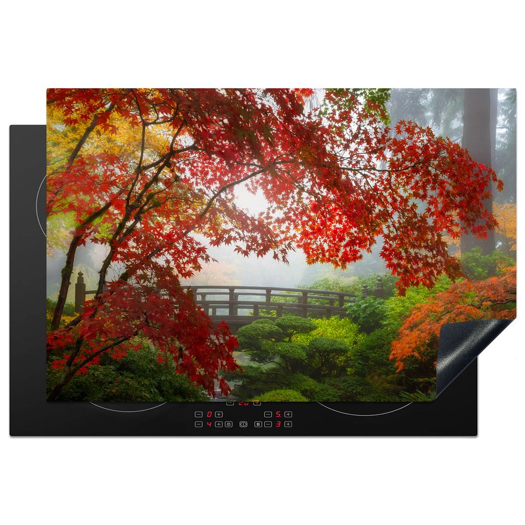 KitchenYeah Herdabdeckplatte Japanischer Ahorn - Bäume - Brücke - Natur - Japanisch , 78x52cm, Küche Deko, Glaskeramikkochfeld Herdabdeckung, ...