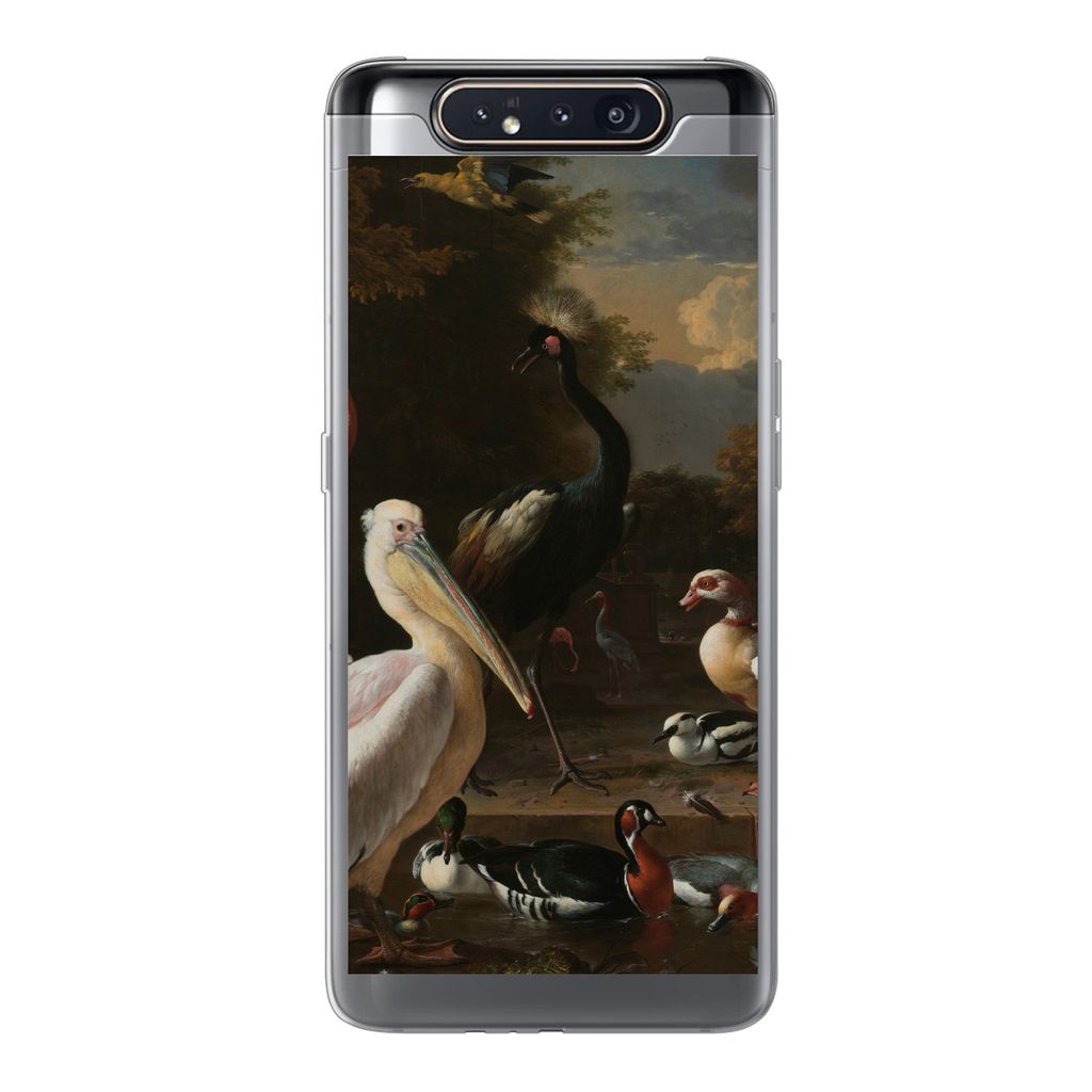 MuchoWow Handyhülle Schutzhülle Hülle für Samsung Galaxy A80 Ein Pelikan und andere Vögel in der Nähe eines Wasserbeckens - Gemälde von Me...