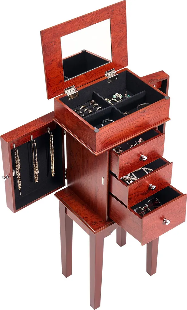 Armoire à bijoux miroir rabattable et 6 crochets en bois de hêtre chic