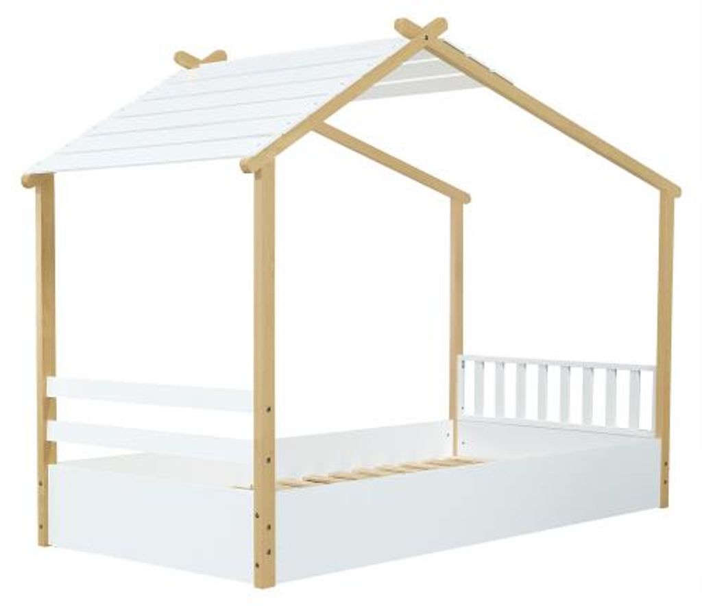 Kinderbett Hausbett 90x190 cm Ohne Matratze Weiss Natur Holz Lattenrost Schlichtes Design Kiefer MDF