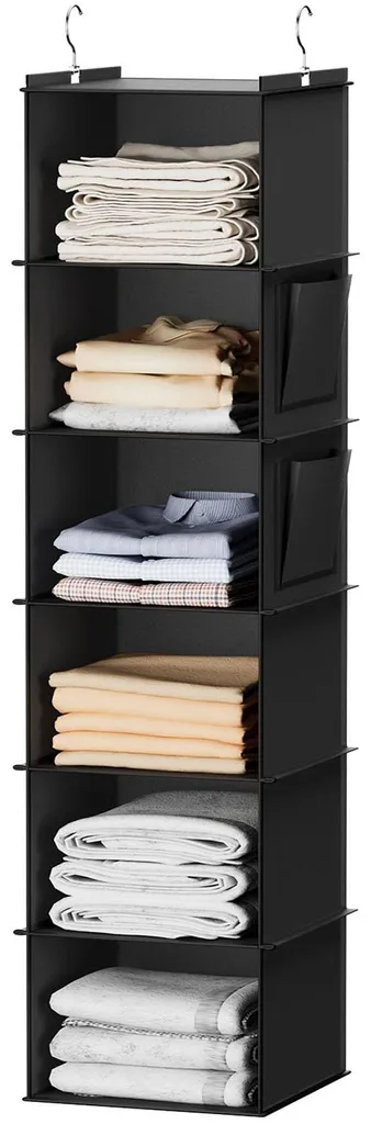 Organiseur de Placard Noir 6 Cases avec Étagères MDF et Tige en Bambou