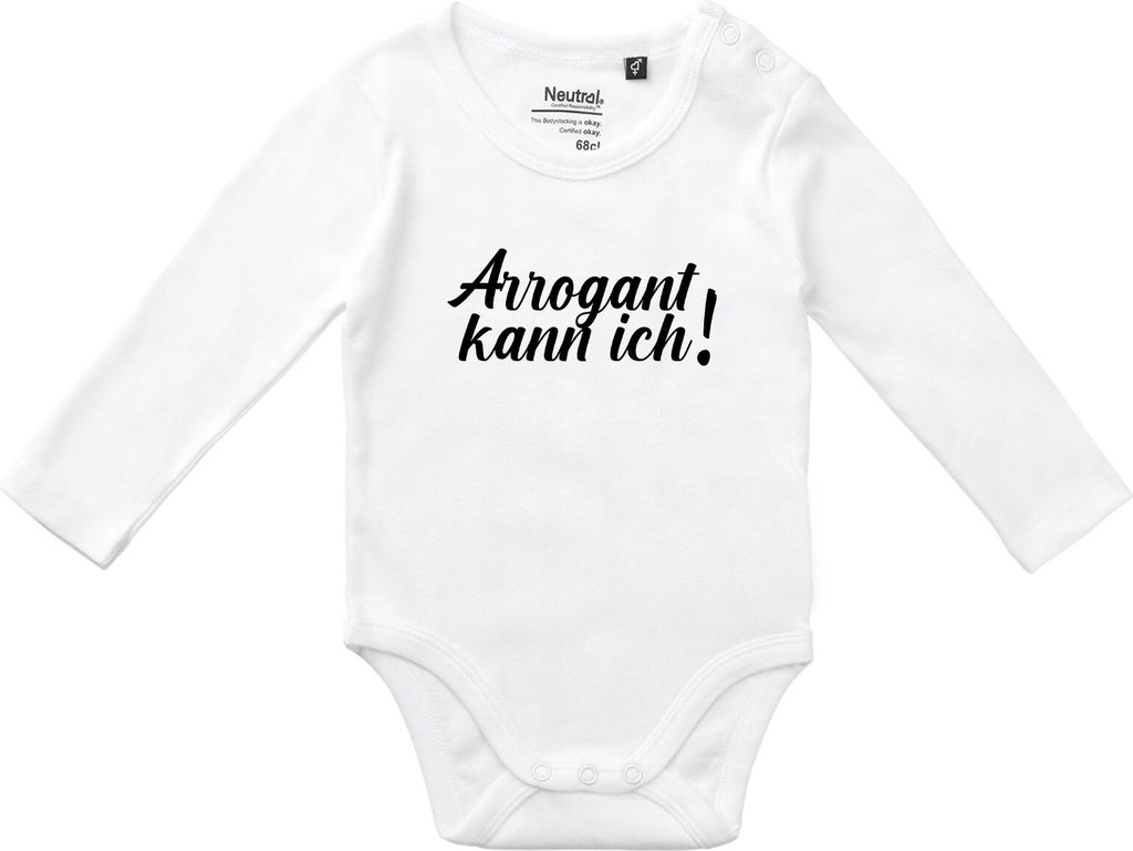 Huuraa Baby Body Arrogant kann ich Schriftzug 68 White Baumwolle Fairtrade Langarmbody Geschenkidee
